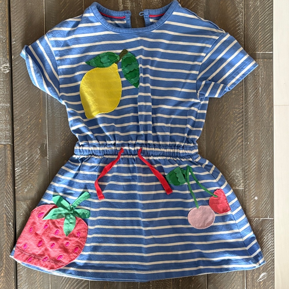 Mini Boden Striped Blue Kids Dress with Fruit Appliqué, 2-3Y